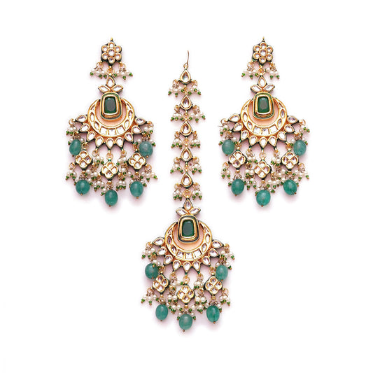 EMERALD LOOK KUNDAN POLKI EARRINGS MAANG TIKKA