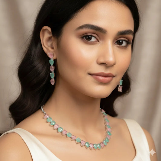 Mint and Pink Single Line Pear Shape CZ Necklace Set - handcrafted necklace for women | Jewelatoz