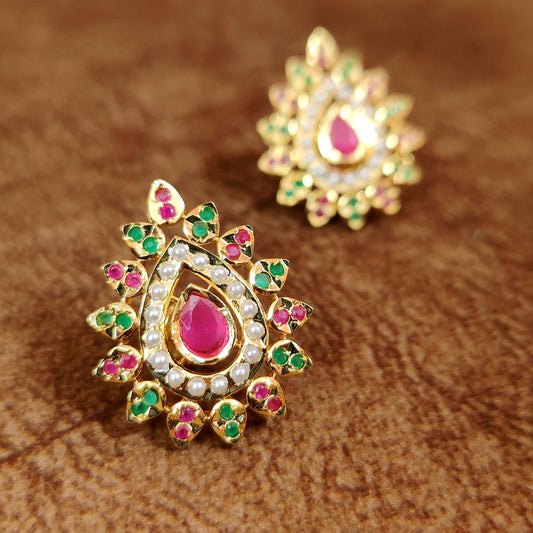 Multicolour Stone & Pearl Studded Pear Shape Jadau Style studs