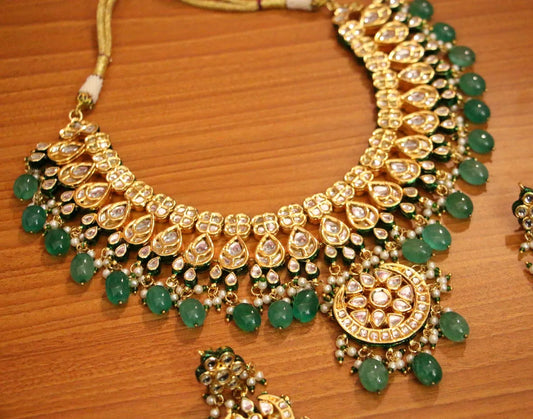 Emerald Kundan Meenakari Royal Necklace Set - handcrafted necklace for women | Jewelatoz