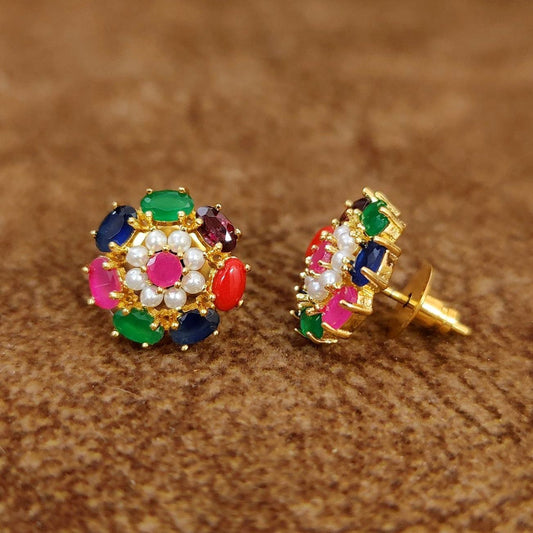 Navratna Royale Pearl Floral Stud Earrings – Multicolor Designer Imitation Jewelatoz