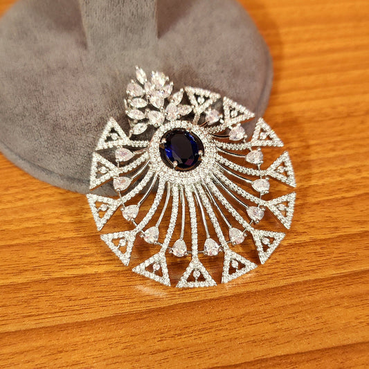 Blue Sapphire Look Cz Studded Silver Plated Pendant Set