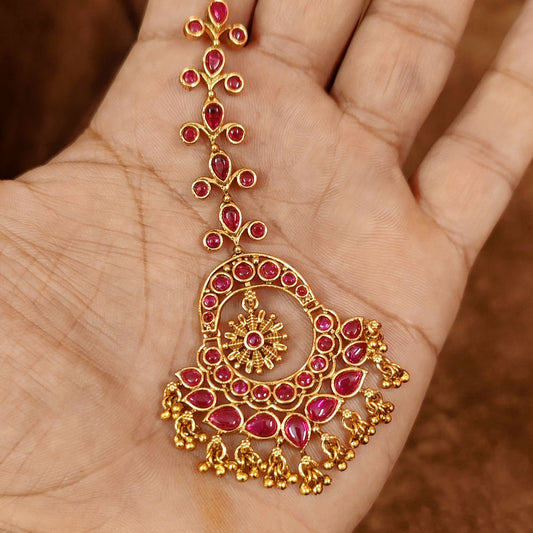 RUBY KEMPU STONE GOLD PLATED WEDDING MAANG TIKKA