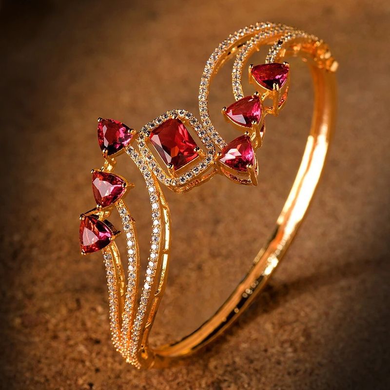 Jewelatoz Brass Cubic Zirconia Gold-plated Red Floral Bangle Style Bracelet