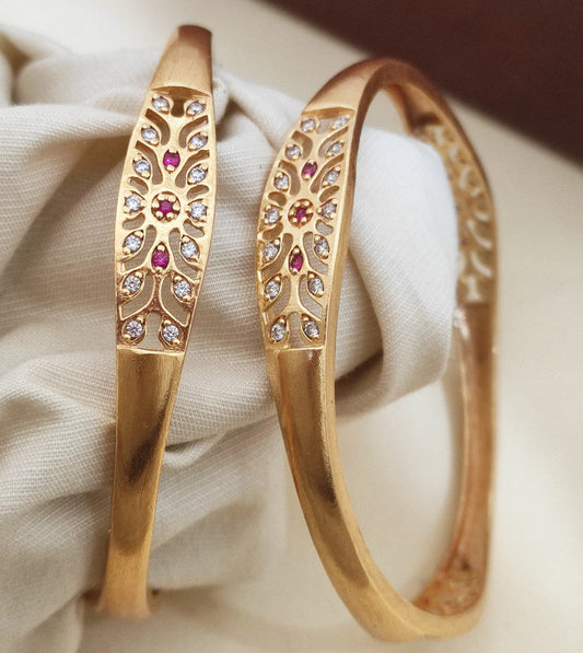 Jewelatoz Brass CZ Gold-Plated Floral Bangle Set DH G651 Pack of 2