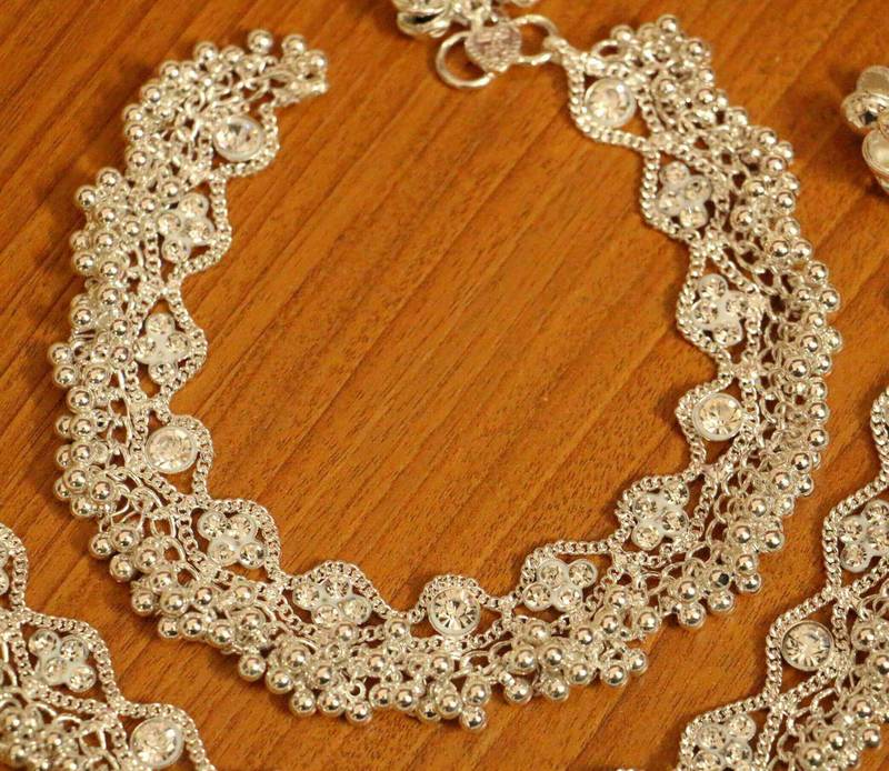 Zircon Studded Silver Plated Anklets