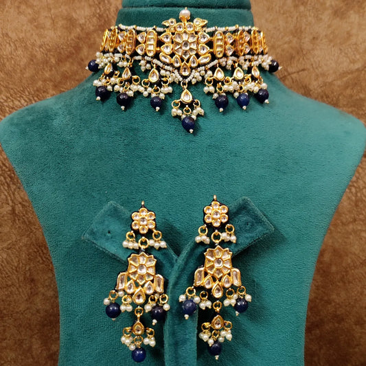 Blue Kundan Polki Gold Plated Choker Necklace Set - handcrafted necklace for women | Jewelatoz