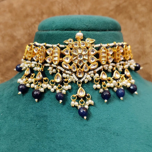 Blue Kundan Polki Gold Plated Choker Necklace Set - handcrafted necklace for women | Jewelatoz