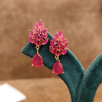 Blossom Ruby Drop Earrings – Gold-Plated Pink Stone Designer Studs 1