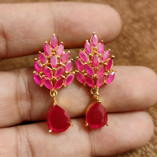 Blossom Ruby Drop Earrings – Gold-Plated Pink Stone Designer Studs