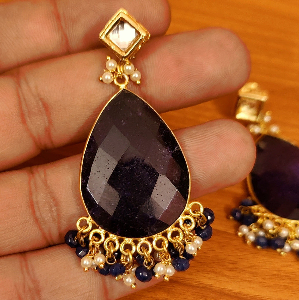 Semi Precious Blue Quartz Kundan Earrings