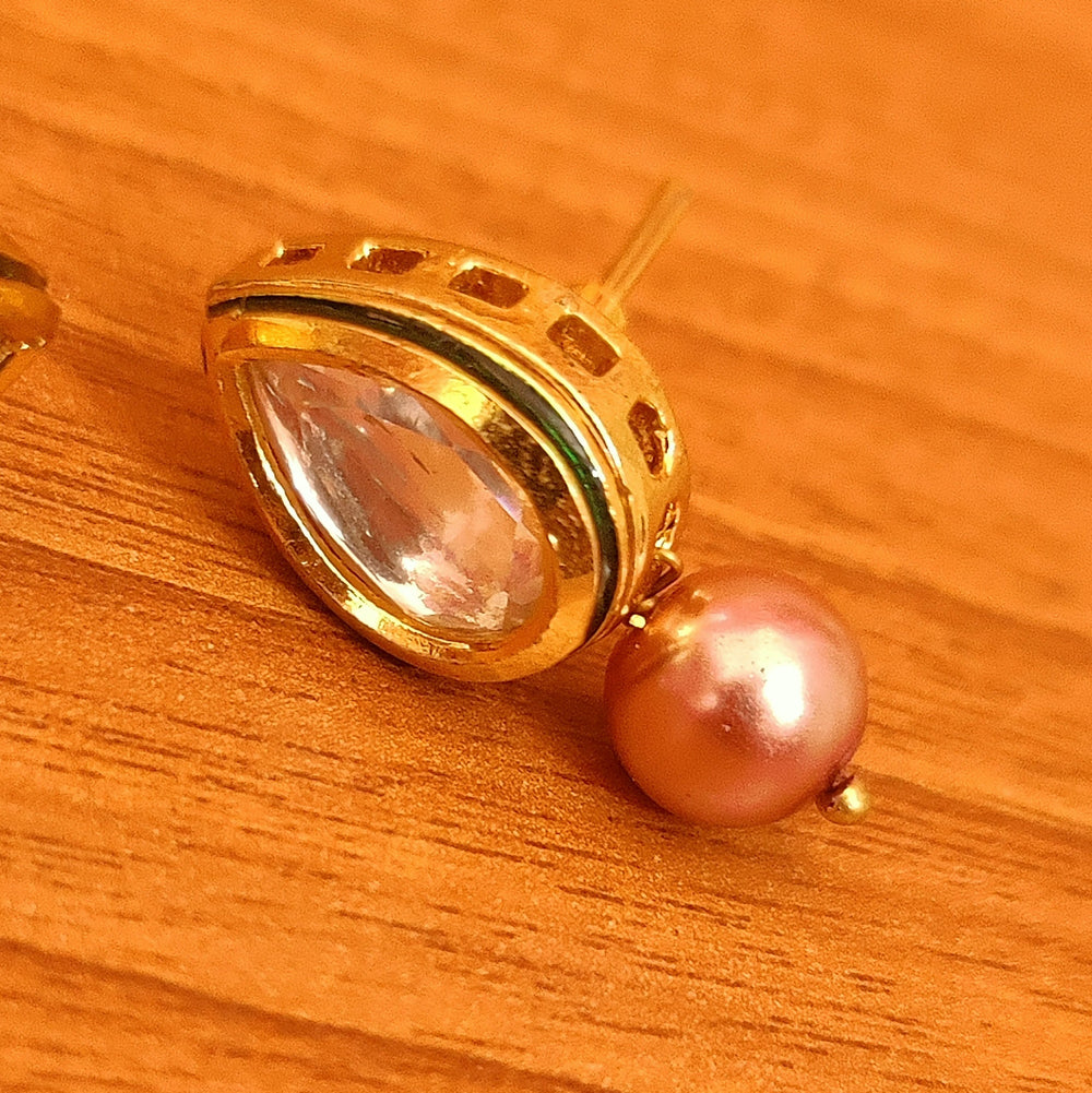 Pear Shaped Kundan Meenakari Copper Pearl Earrings