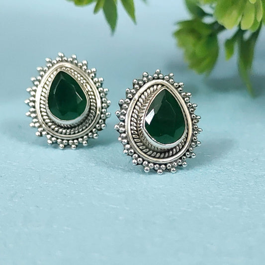 Emerald Green Teardrop 92.5 Sterling Silver Stud Earrings for Women