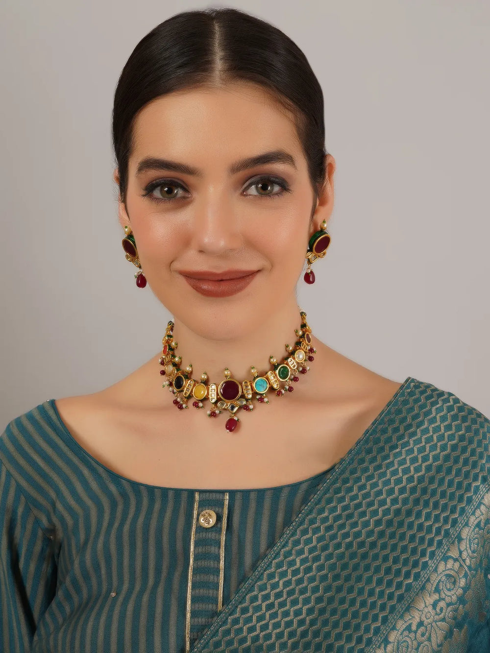 Multicolour Navratan Kundan Look Necklace Set