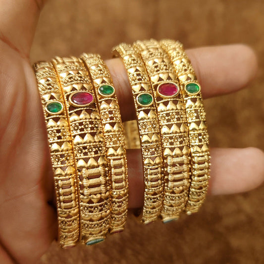 GOLD PATTERN RUBY & EMERALD SET OF 6 BANGLES