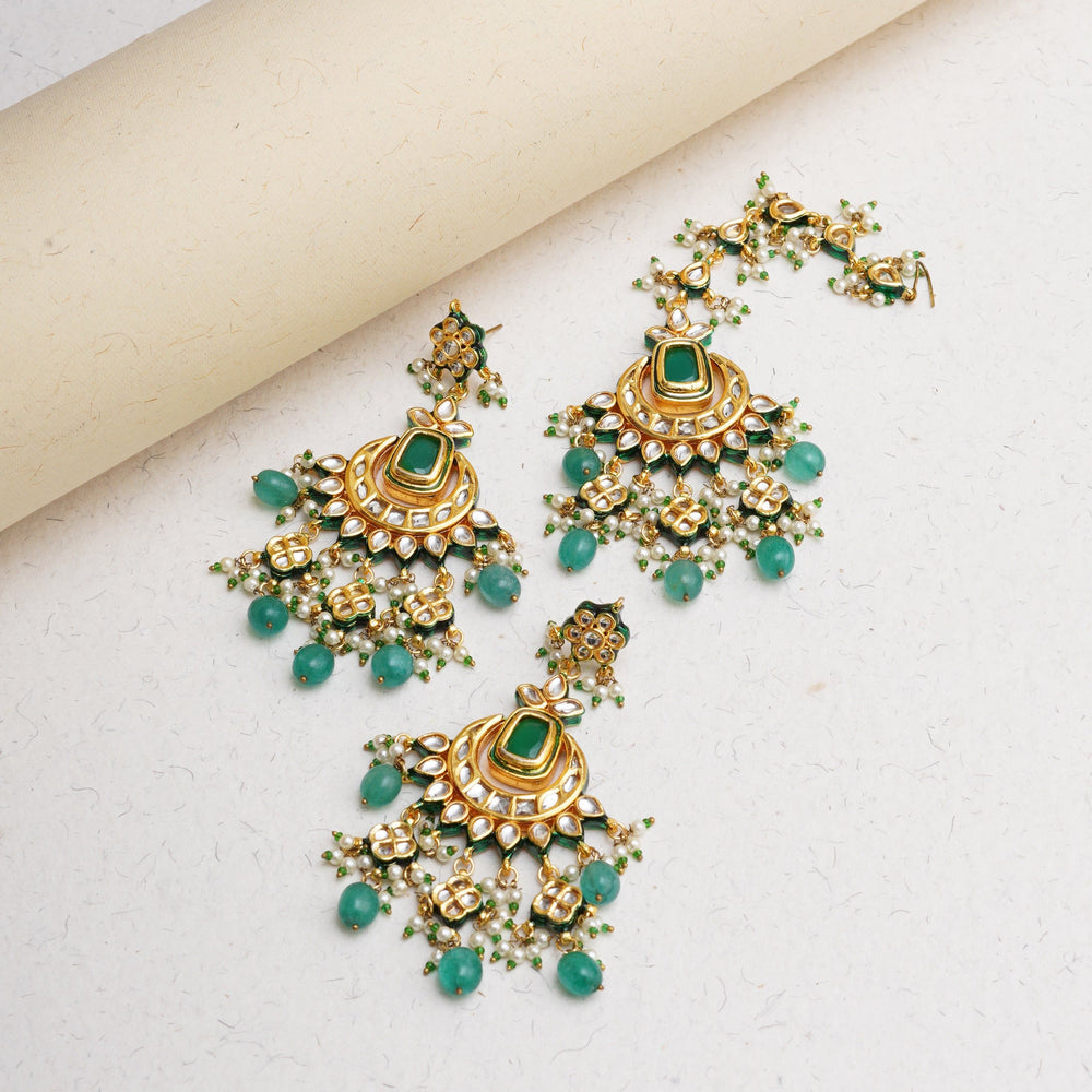 EMERALD LOOK KUNDAN POLKI EARRINGS MAANG TIKKA