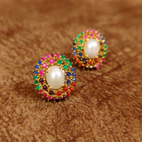 MULTICOLOUR GOLD PLATED SEMI PRECIOUS PEARL STUDS 2