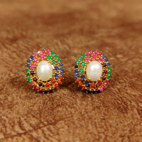 MULTICOLOUR GOLD PLATED SEMI PRECIOUS PEARL STUDS 3