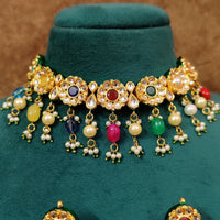 Multicolour Navratan Look Kundan Polki Necklace Set with Maang Tikka 2