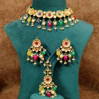 Multicolour Navratan Look Kundan Polki Necklace Set with Maang Tikka 1
