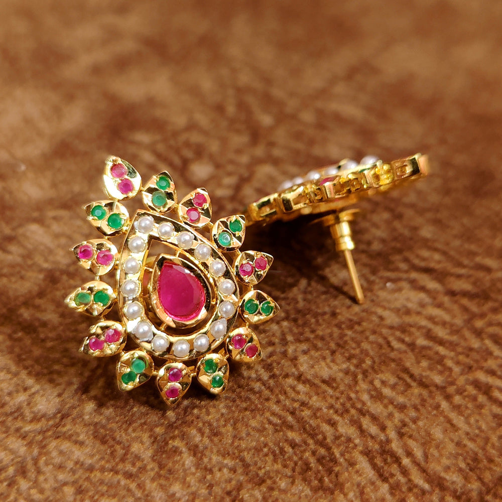 Multicolour Stone & Pearl Studded Pear Shape Jadau Style studs