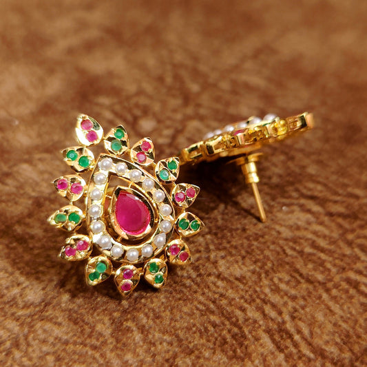 Multicolour Stone & Pearl Studded Pear Shape Jadau Style studs