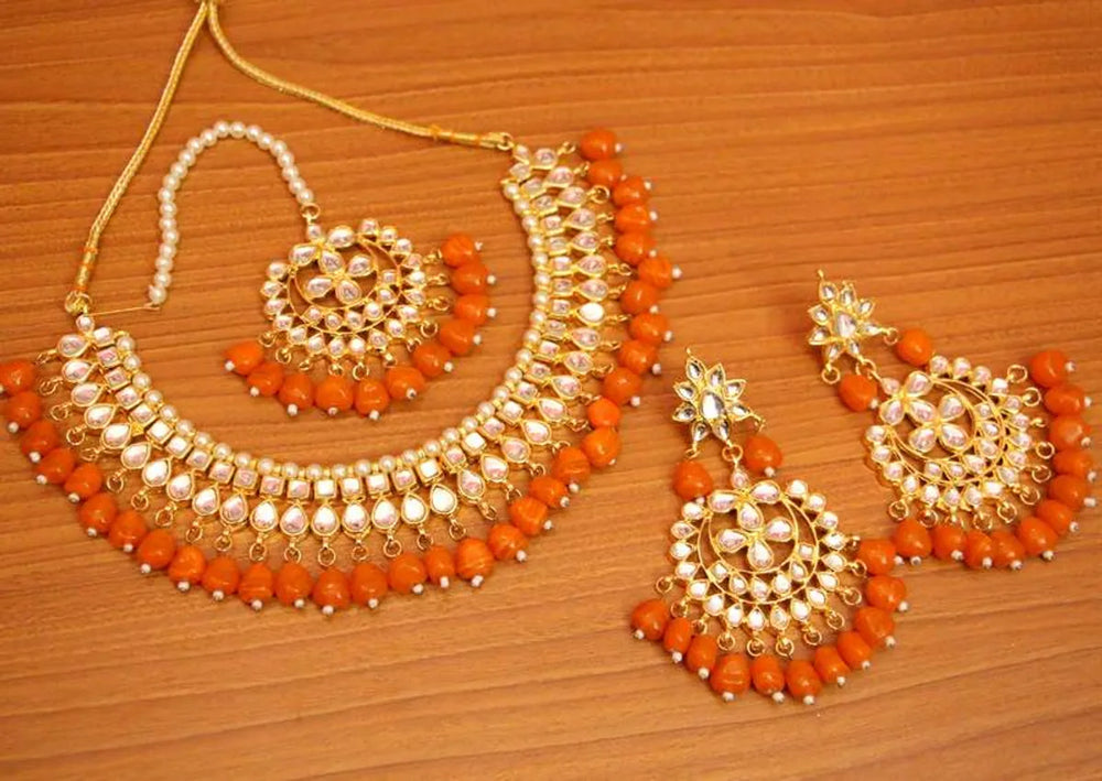 Orange Crystal Kundan Necklace Set with Maang Tikka