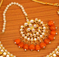 Orange Crystal Kundan Necklace Set with Maang Tikka 2