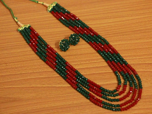 Multicolour Red and Green 5 Line Necklace Set - handcrafted necklace for women | Jewelatoz