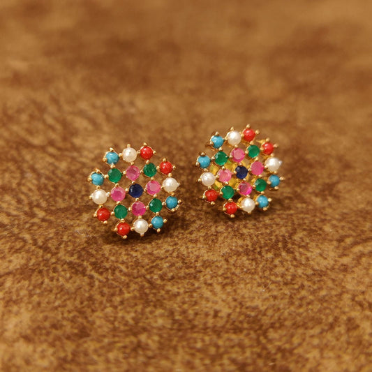 Navratna-Inspired Multicolour Stone Stud Earrings