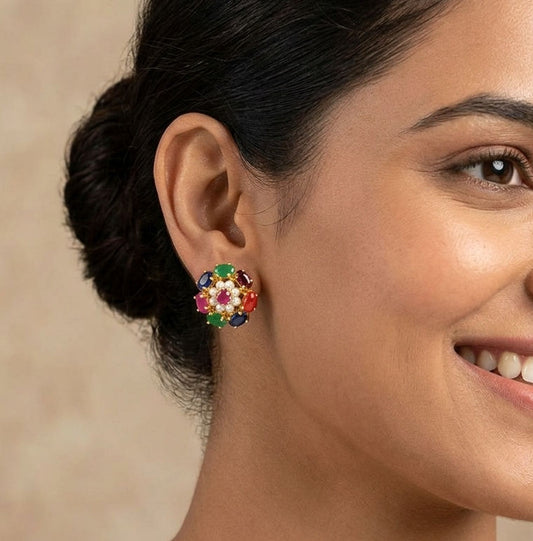 Navratna Royale Pearl Floral Stud Earrings – Multicolor Designer Imitation Jewelatoz