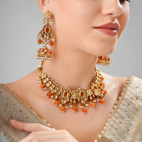Orange Kundan Meenakari Gold Plated Necklace Set with Maang Tikka 2
