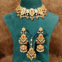 Orange Kundan Meenakari Gold Plated Necklace Set with Maang Tikka 3
