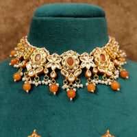 Orange Kundan Meenakari Gold Plated Necklace Set with Maang Tikka 4