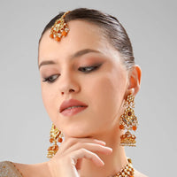 Orange Kundan Meenakari Gold Plated Necklace Set with Maang Tikka 5