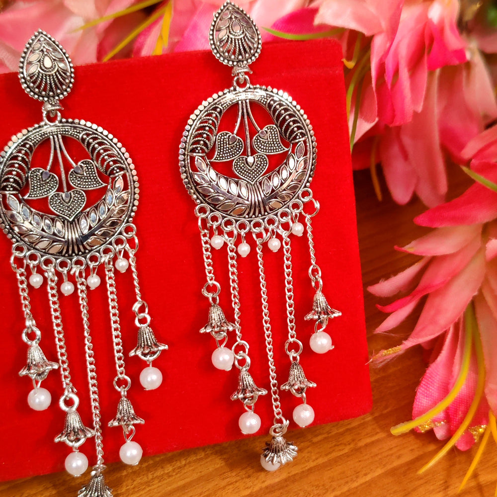 OXIDISED SILVER LOOK DANGLING PEARL LONG EARRINGS