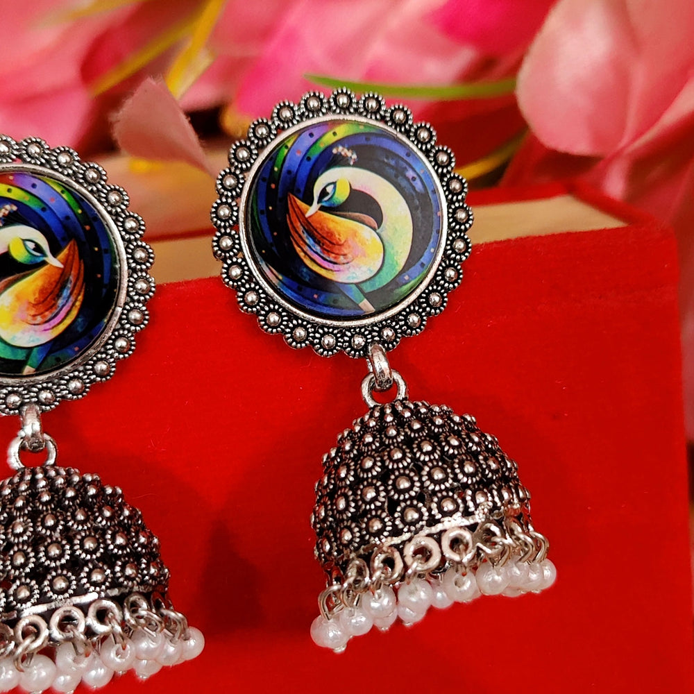 OXIDISED SILVER LOOK PEACOCK MEENAKARI JHUMKA'S