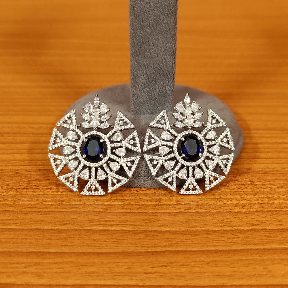 Blue Sapphire Look Cz Studded Silver Plated Pendant Set