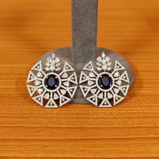 Blue Sapphire Look Cz Studded Silver Plated Pendant Set