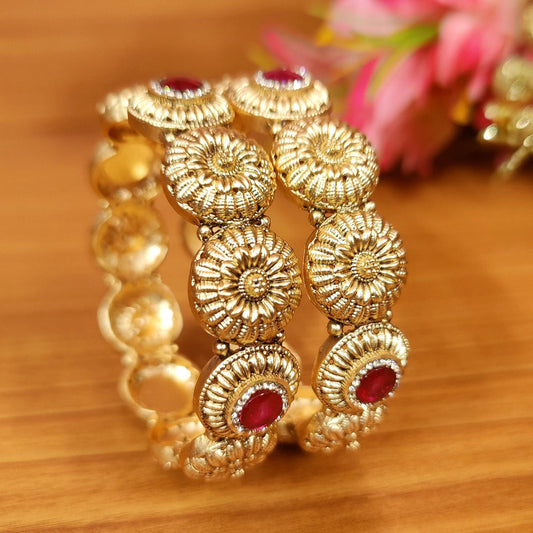 PINKISH RUBY RAJWADI GOLD PLATED BANGLES