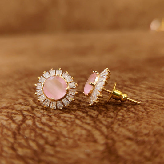 PINK ONYX DIAMOND LOOK GOLD PLATED STUDS