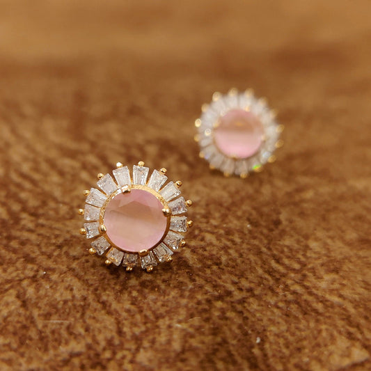 PINK ONYX DIAMOND LOOK GOLD PLATED STUDS