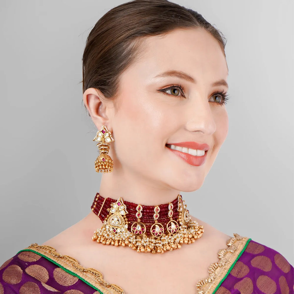 Ruby Kundan Polki Pearl Semi Precious Necklace Set