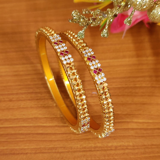 RUBY & CZ STUDDED FINE CRAFTED GOLD LOOK BANGLES