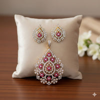 Royal Pink Zircon Floral Halo Pendant Set 4