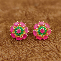 Ruby Pink Floral Stud Earrings with Emerald Stones – Designer Imitation Jewellery | Sanvi Jewels 4