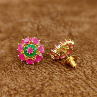 Ruby Pink Floral Stud Earrings with Emerald Stones – Designer Imitation Jewellery | Sanvi Jewels 2