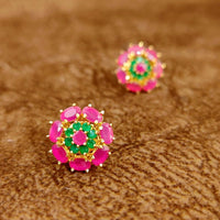 Ruby Pink Floral Stud Earrings with Emerald Stones – Designer Imitation Jewellery | Sanvi Jewels 3