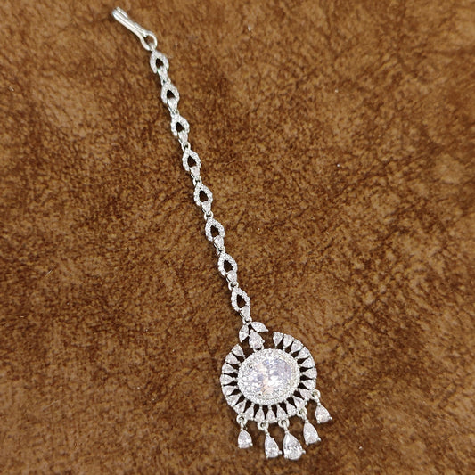 SILVER PLATED DIAMOND LOOK WEDDING MAANG TIKKA