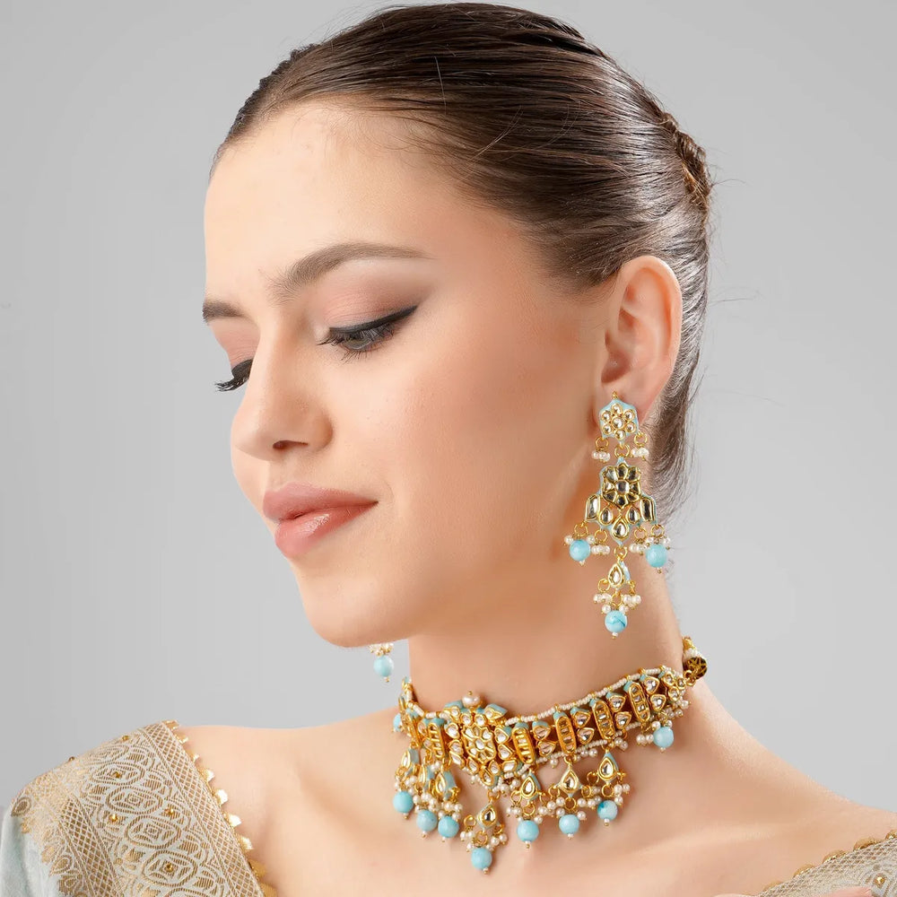 Turquoise Kundan Polki Gold Plated Choker Set
